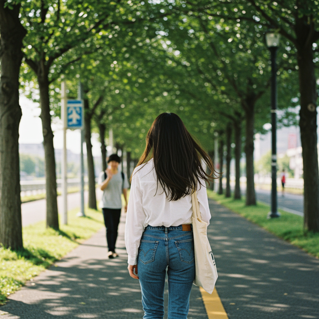 ふと前を見ると、Ｔシャツ姿の彼が笑顔で手を振っている。いつの間に…… （ImageFXで作成）